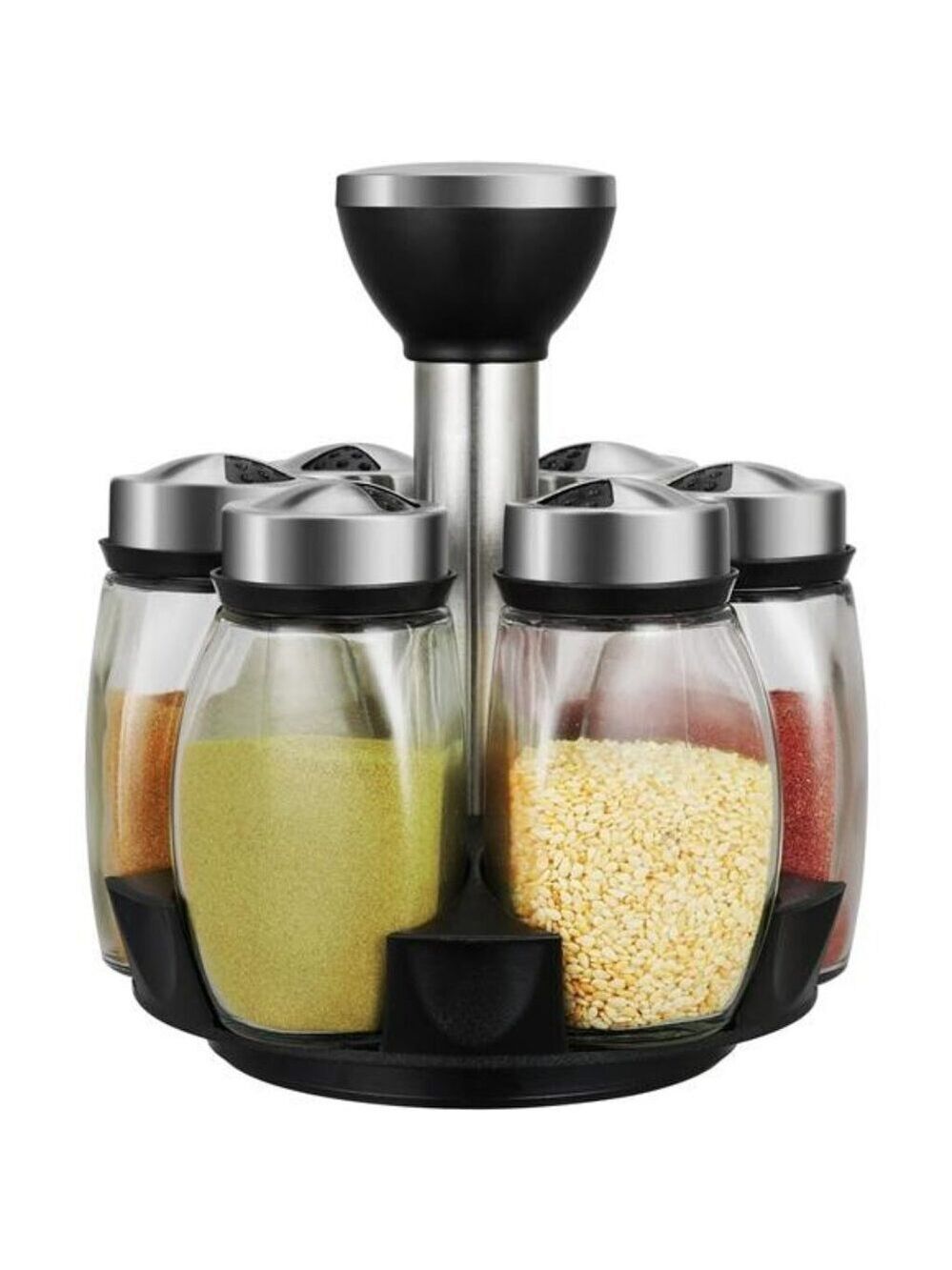 revolving spice rack organizer with 6 glass jars rotating kitchen countertop hol